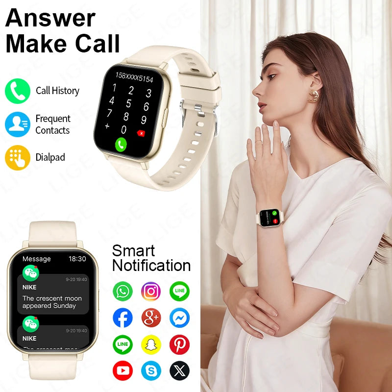 LIGE New 1.83"HD Smart Watch Women Men Health Monitoring Waterproof Bluetooth Call Multi-Sport Modes Smartwatch For Android ios