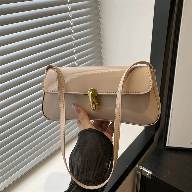 Stylish Wine Red Patent Leather Women Underarm Bag, Sleek Sling Purse with Gold Turn Lock Women's Daily Handbags Shoulder Bags