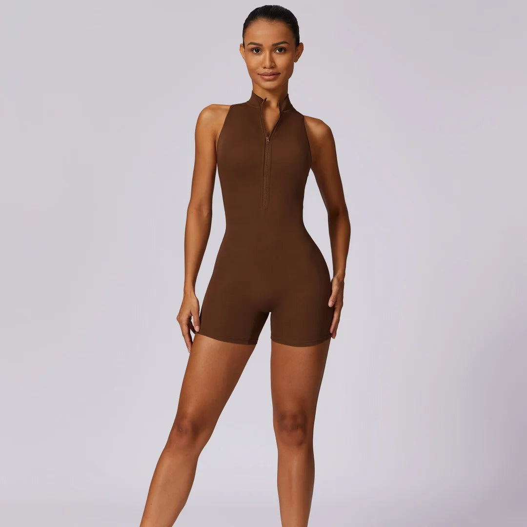 Tuta sportiva corta donna, schiena scoperta, zip