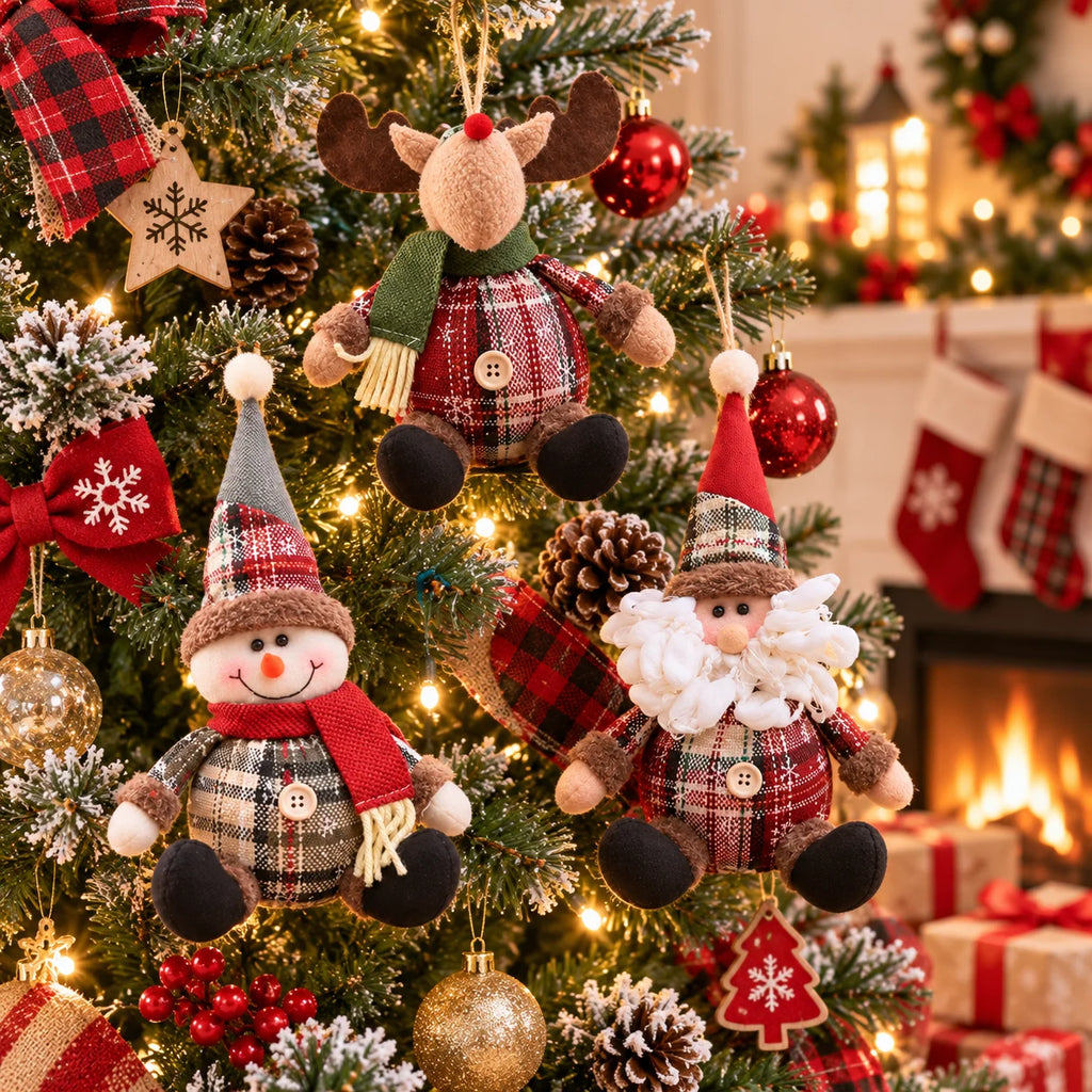 Decorative Christmas figurines: reindeer, Santa Claus, and snowman