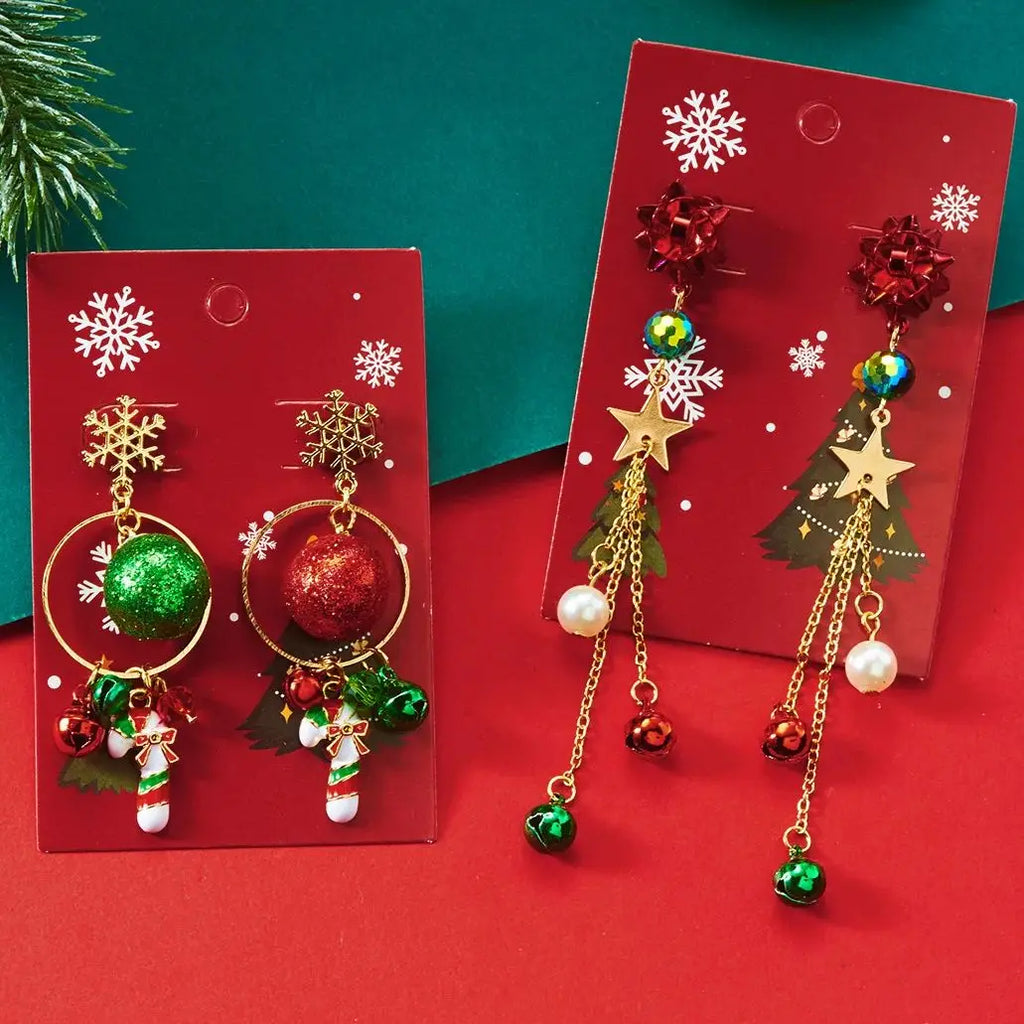 New Christmas Ribbon Star Long Tassel Earrings for Women Delicate Crystal Bowknot Hollow Bell Drop Earring Xmas Festival Jewelry
