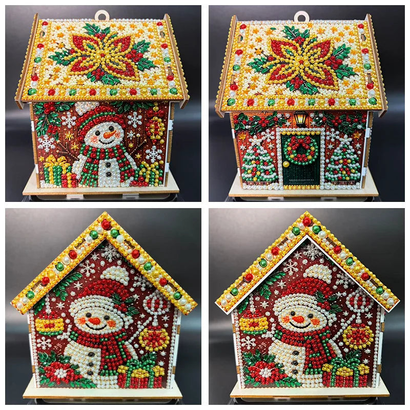 Diamond Painting Kit, Wooden Christmas House, DIY Gingerbread House, 3D Assembled Craft, Christmas Home Decor, Santa Snowman Dee