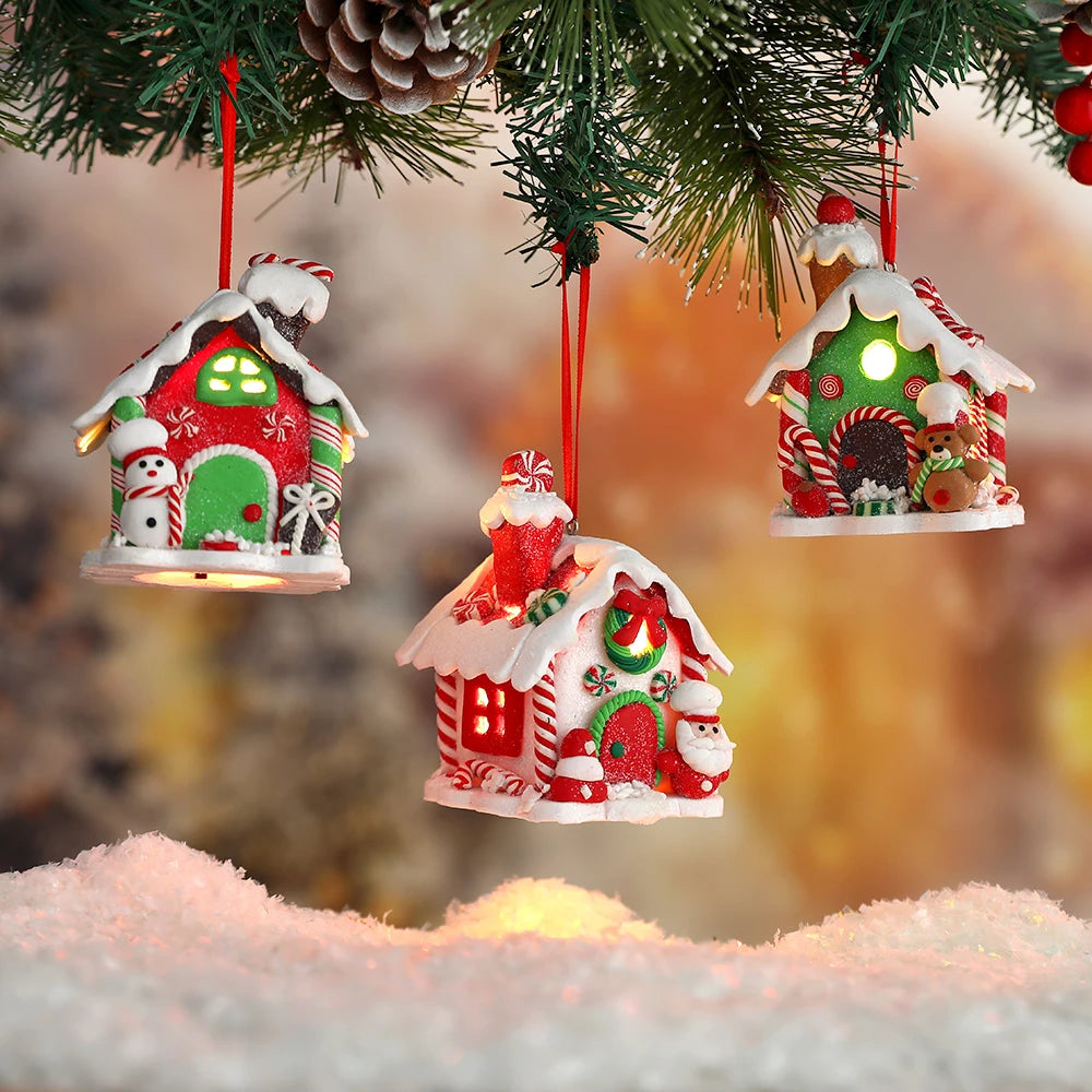 Weihnachtliche LED-Pendelleuchte mit Schneemann, Lebkuchenhaus, Weihnachtsmann, sanftem Keramik-Baumdesign, Dekoration für Zuhause und Neujahrsfeiern