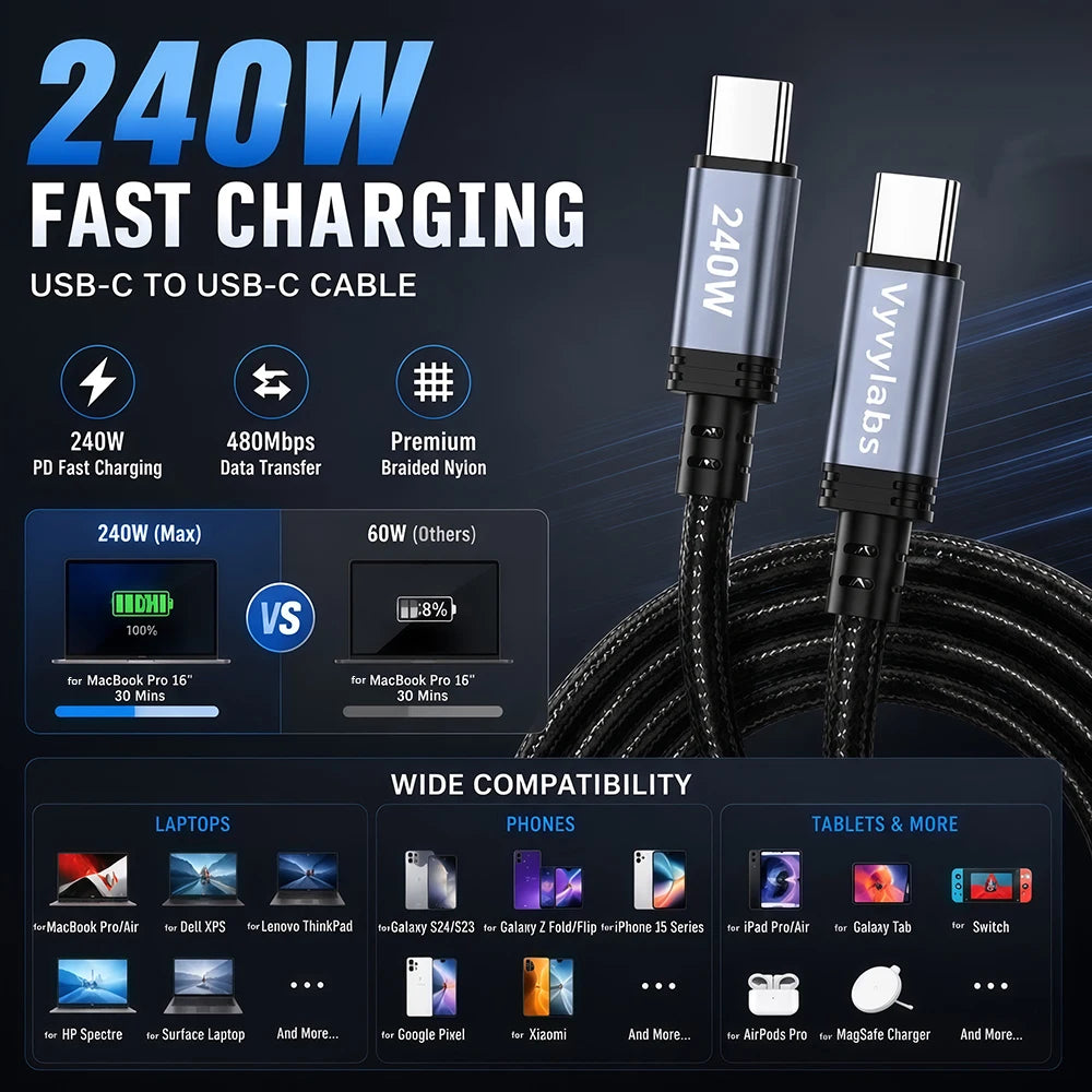 Vyvylabs 6Pack 240W Braided USB C to USB C Cable Fast Charging for iPhone 17 16 15 Pro Plus Max for Galaxy S25 S24 for iPad MacBook