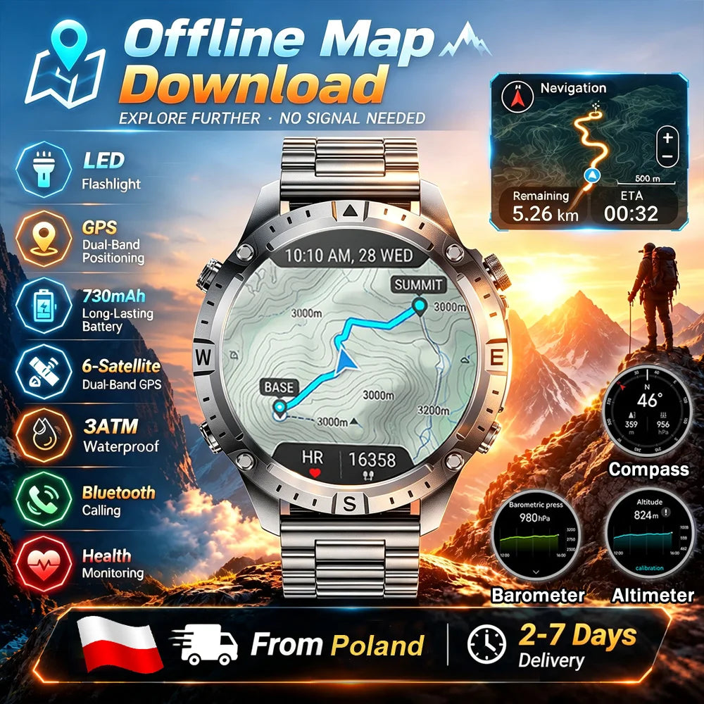 2026 New Built in GPS Smart Watch Offline Map Compass Fitness Tracker BT Call 3ATM Waterproof Altimeter Barometer Rugged Outdoor HD Smartwatch Men