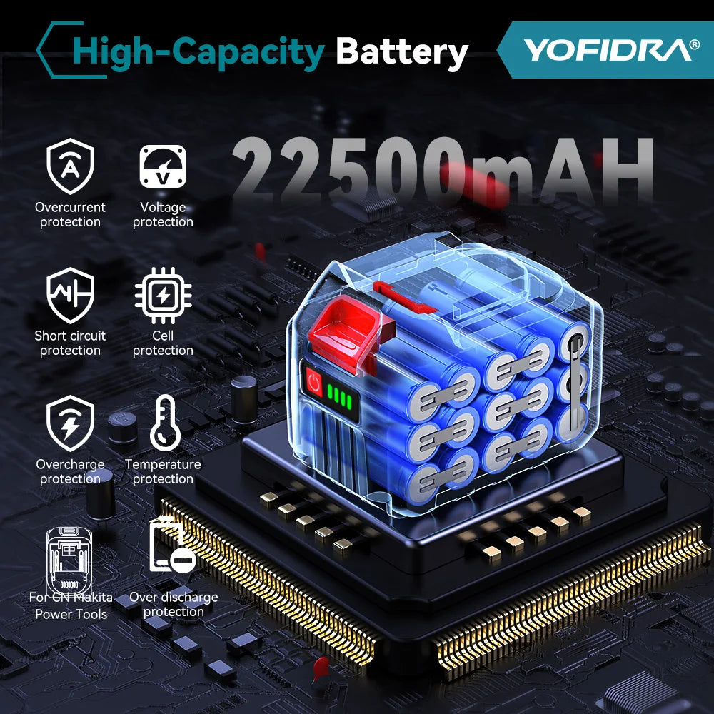 Batería de litio recargable YOFIDRA de 20 V, enchufe europeo, 15 000 mAh/928 VF, 22 500 mAh. Indicador de capacidad de la batería. Para motosierra y taladro eléctrico.