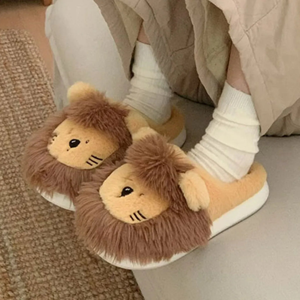 Chaussons d’intérieur pour femme en fourrure, décontractés et mignons, motif lion 3D, jaune et kaki, pour l’hiver, antidérapants, chauds, doux et confortables pour la maison