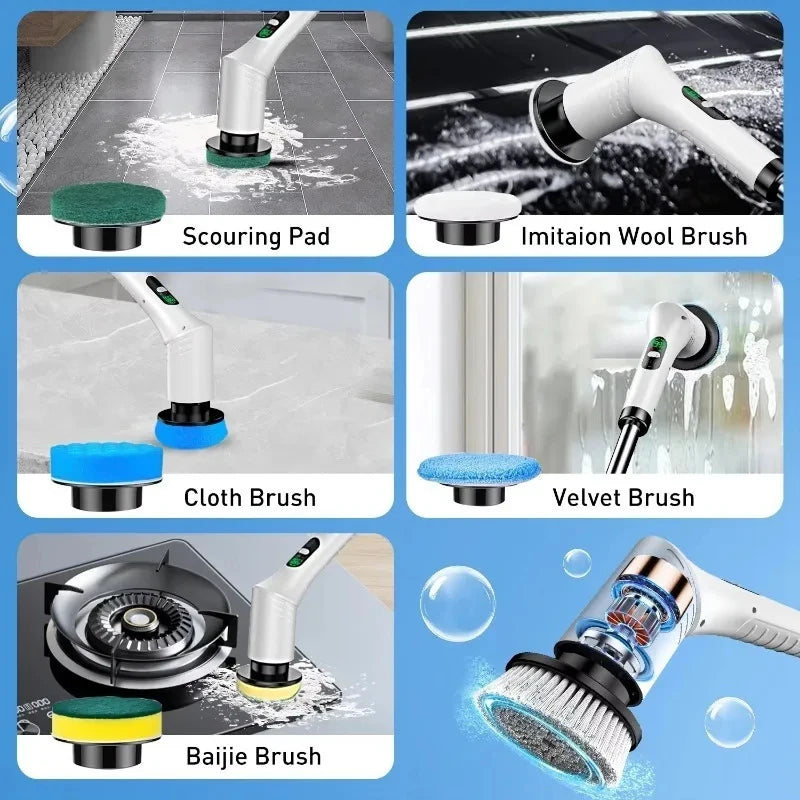 Multi-Purpose 9-in-1 Cordless Electric Power Scrubber, Bathroom Scrubber with 8 Brush Heads and Adjustable Extension Handle for Shower Cleaning