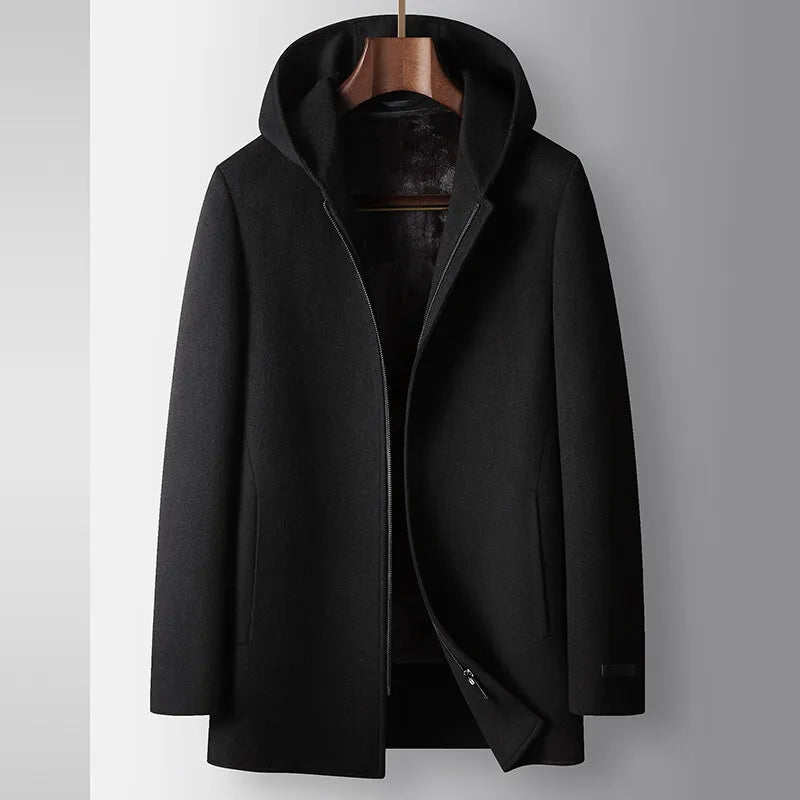 2024 Winter New Men's Hooded Medium to Long Woolen Coat with Thick Velvet for Warmth and Leisure, High End Fabric 100% Pure Wool