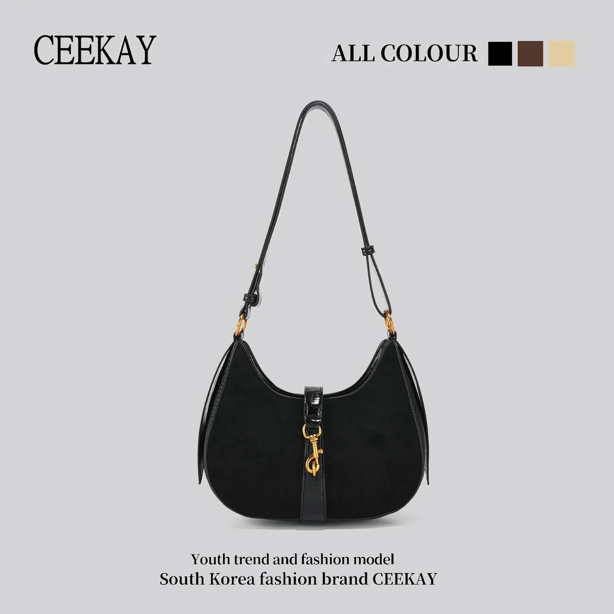 2026 New CEEKAY Suede Splice Hobo Bag, Crescent Shoulder Bag with Metal Hook Decor, Casual Underarm Bag for Women Handbags