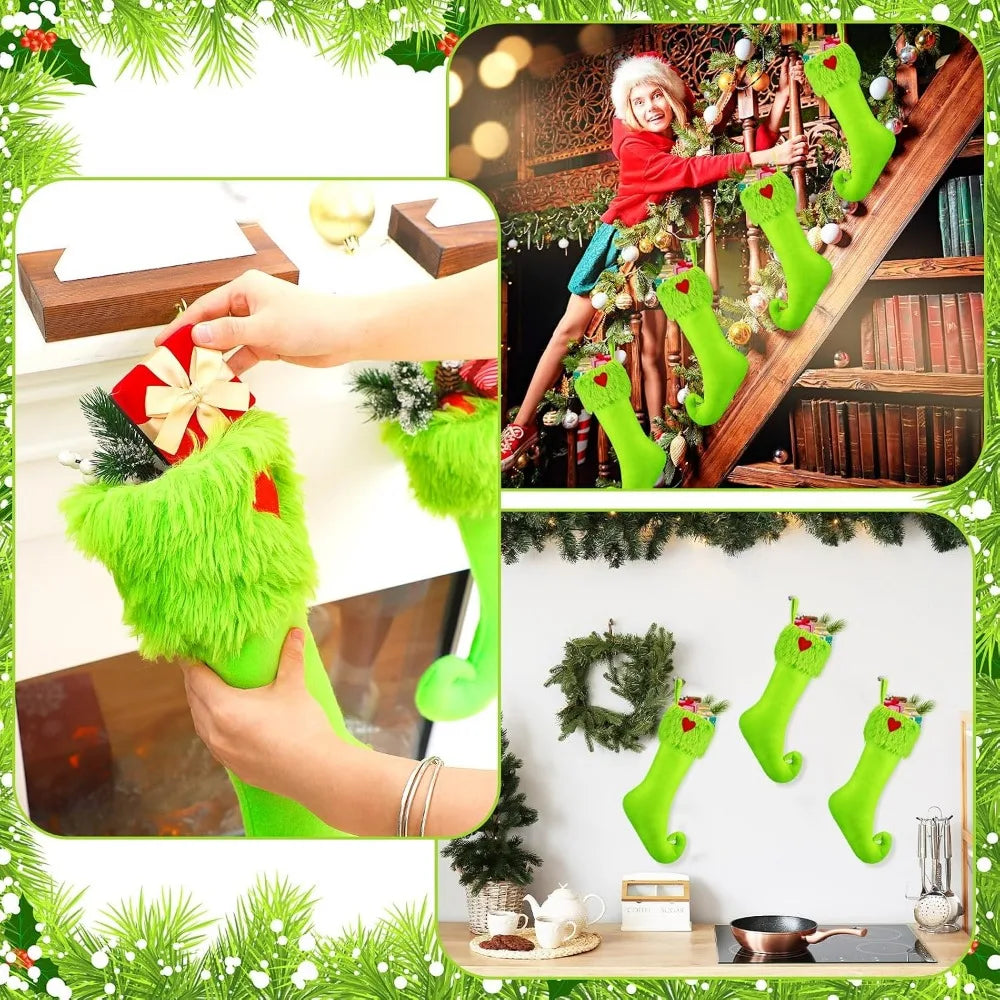 1/2/4Pcs Lime Green Elf Christmas Stockings, Faux Fur Red Heart Xmas Candy Treat Bag Fireplace Mantel Holiday Decor