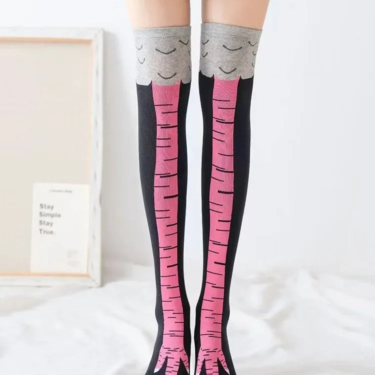 Men’s Funny 3D Chicken-Print Socks, Cartoon Cosplay Thigh-High Socks, High-Flexibility Cotton, Fashionable, Thin Toe Seam
