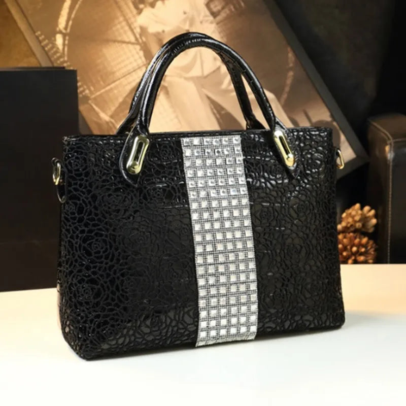 Luxury Fashion Diamonds Leather Women's Handbags Business Briefcase Lace New Female Shoulder Messenger Bags