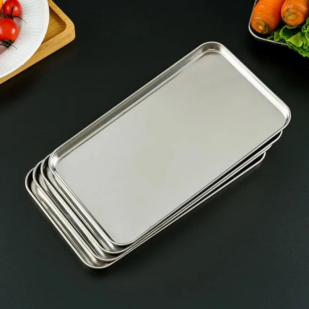 Vassoio rettangolare in acciaio inox per noodle di riso, piatti fatti in casa, organizer per dispense, vassoio per buffet, piatto da portata in metallo.