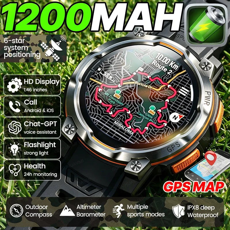 New Outdoor GPS Map Built-in 1200mAh Battery Smart Watch Compass Chat-GPT Bluetooth Call IPX8 Waterproof Sports Men Smartwatches