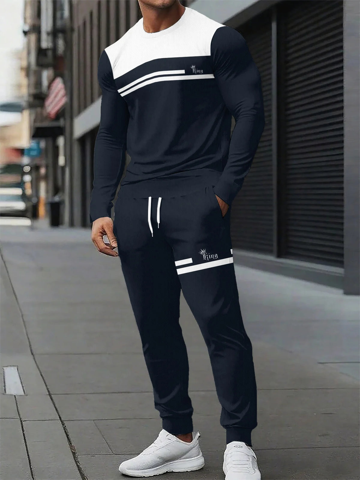 Men's Two-Piece Set Autumn 2026 New Arrival Black White Tie-Dye Panel Print Stylish Crew Neck Sporty Trendy Streetwear Style