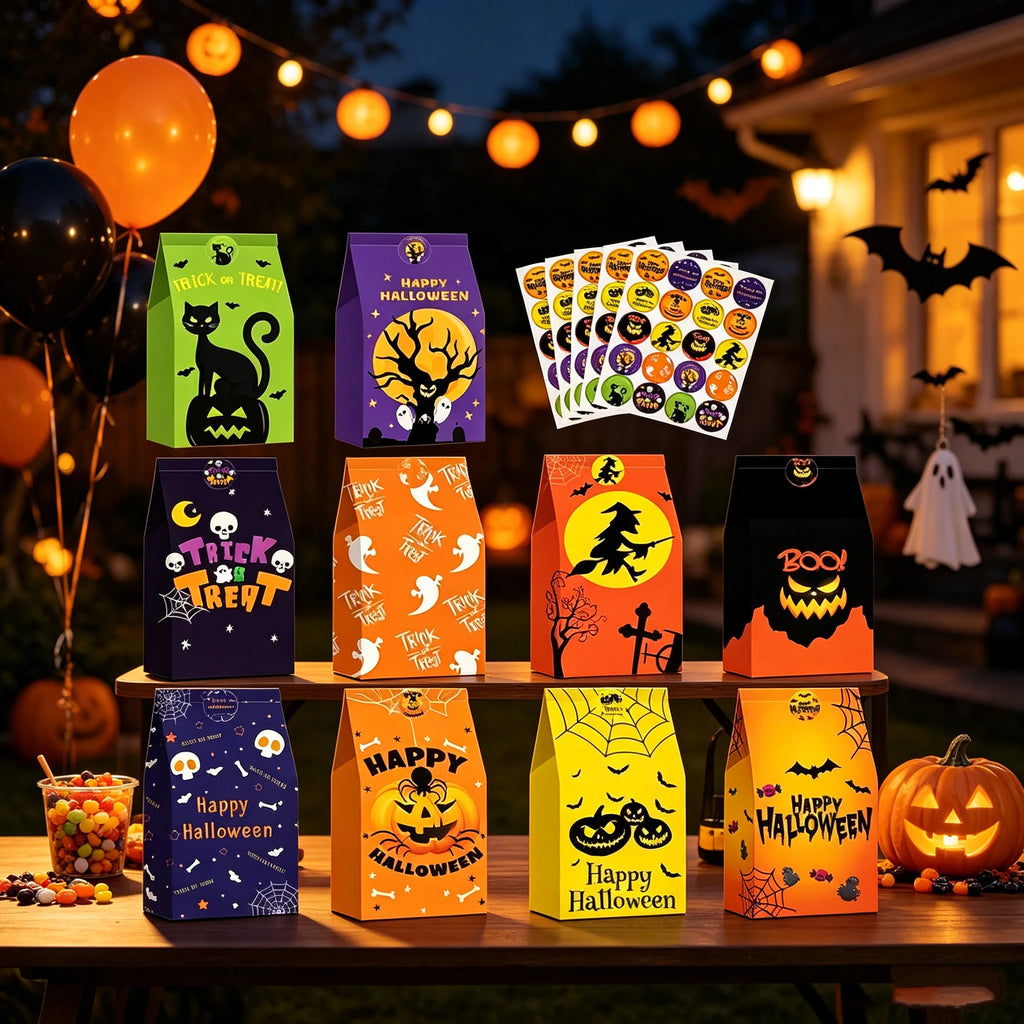 90Pcs Halloween Paper Gift Bags With Stickers Trick or Treat Candy Goodie Snack Bags Kids Halloween Party Favor Decor Supplies