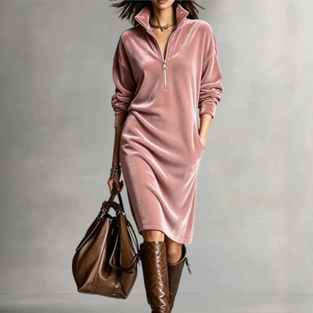 Women's polyester midi dress with lapel collar
