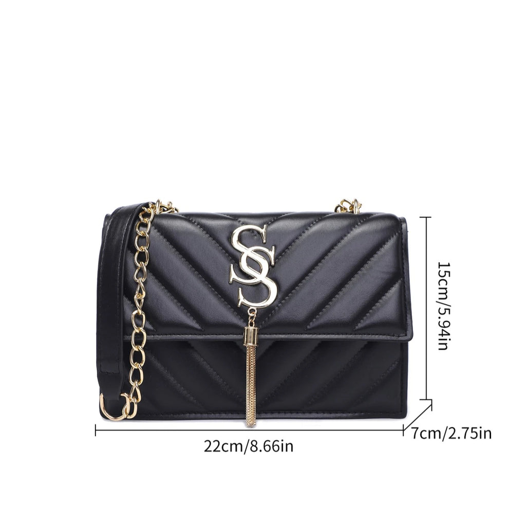 Luxury Women's Quilted Leather Shoulder Bag Designer Chain Crossbody Bag Elegant Flap Purse with Gold Tone SS Logo & Tassel