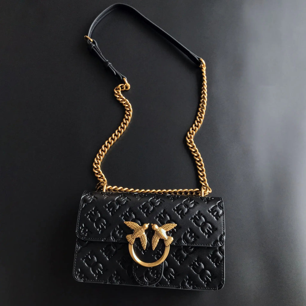 New Pinko-Inspired Genuine Leather Embossed Swallow Bag, Fashion Chain Armpit Bag, Luxury All-Match Shoulder Crossbody Bag