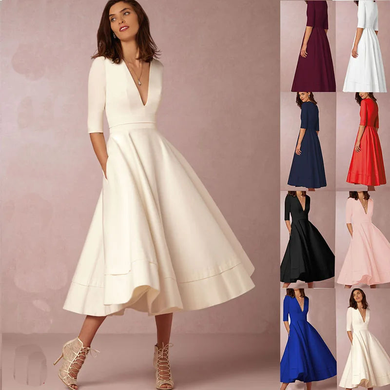 Abito midi da donna con scollo a V e spacco