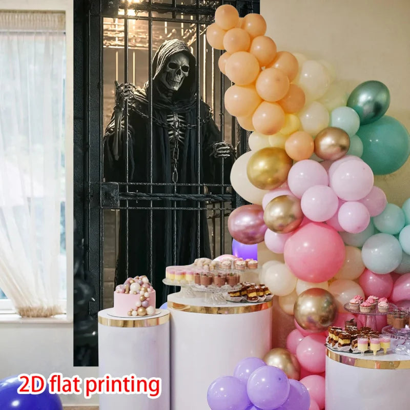 1pc, 2Dflat, Gothic Death Curtain - Skull and Cage Decoration, Suitable for Halloween Parties, Indoor/Outdoor Use, wsj