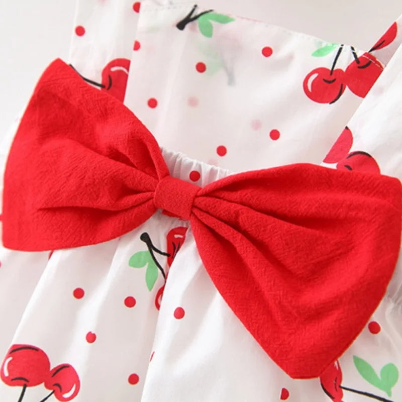 Sommerkleid für Baby-Mädchen aus Baumwolle mit Schleife, Kirsch-Polka-Dots und Trägern, niedliches, lässiges Strandkleid, Baby-Mädchen-Kleidung