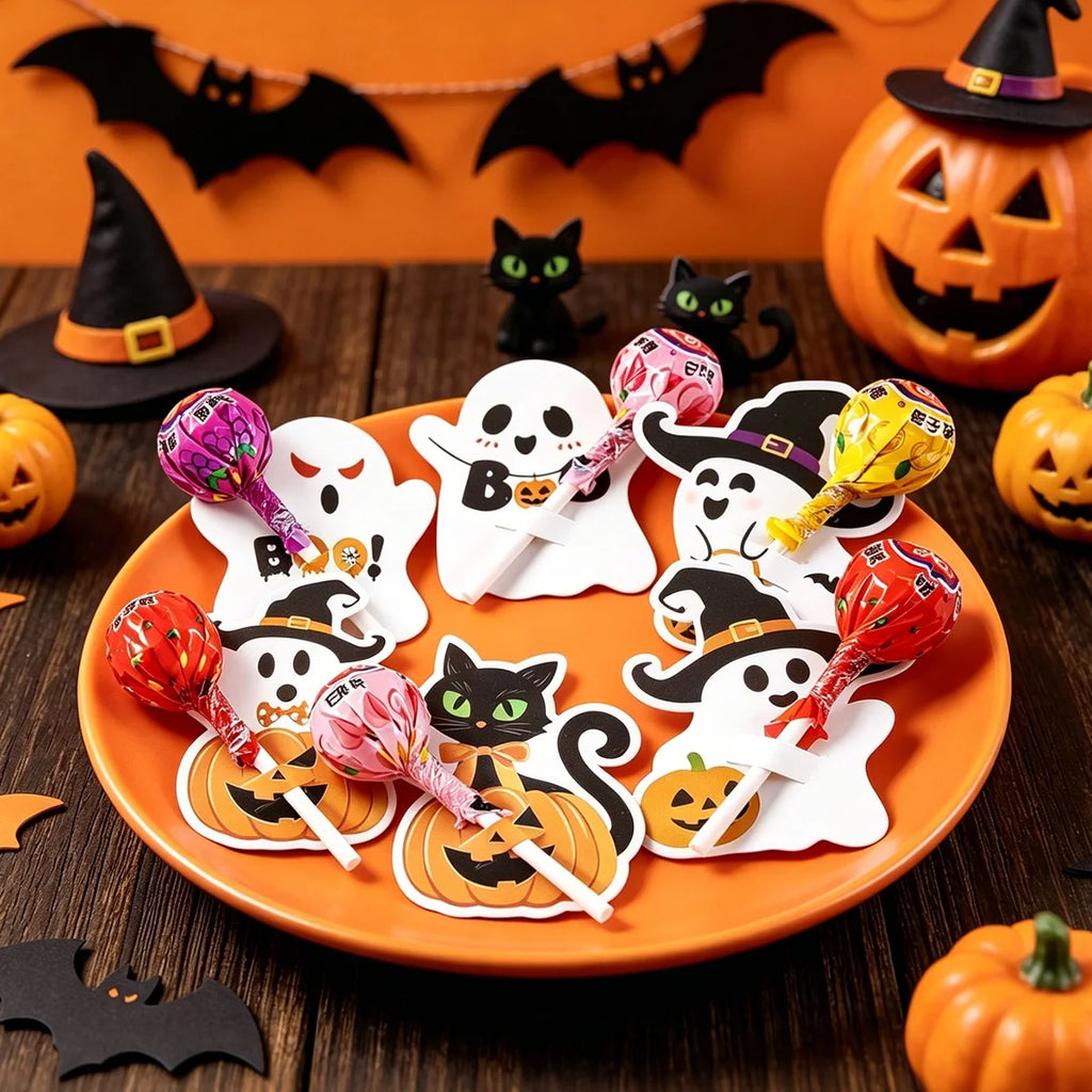 48 cartes porte-sucettes d’Halloween avec motifs mignons de citrouille et de fantôme, pour décoration de fête d’anniversaire ou d’Halloween et cadeaux DIY.