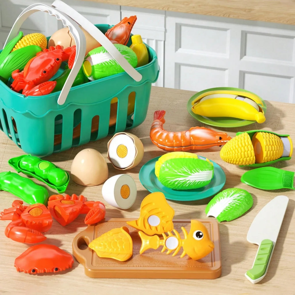 Juego de cocina con alimentos de juguete para cortar: frutas, verduras y comida rápida para jugar a cocinar. Regalo educativo para niños y niñas pequeños y bebés.