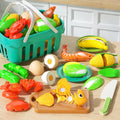 Juego de cocina con alimentos de juguete para cortar: frutas, verduras y comida rápida para jugar a cocinar. Regalo educativo para niños y niñas pequeños y bebés.