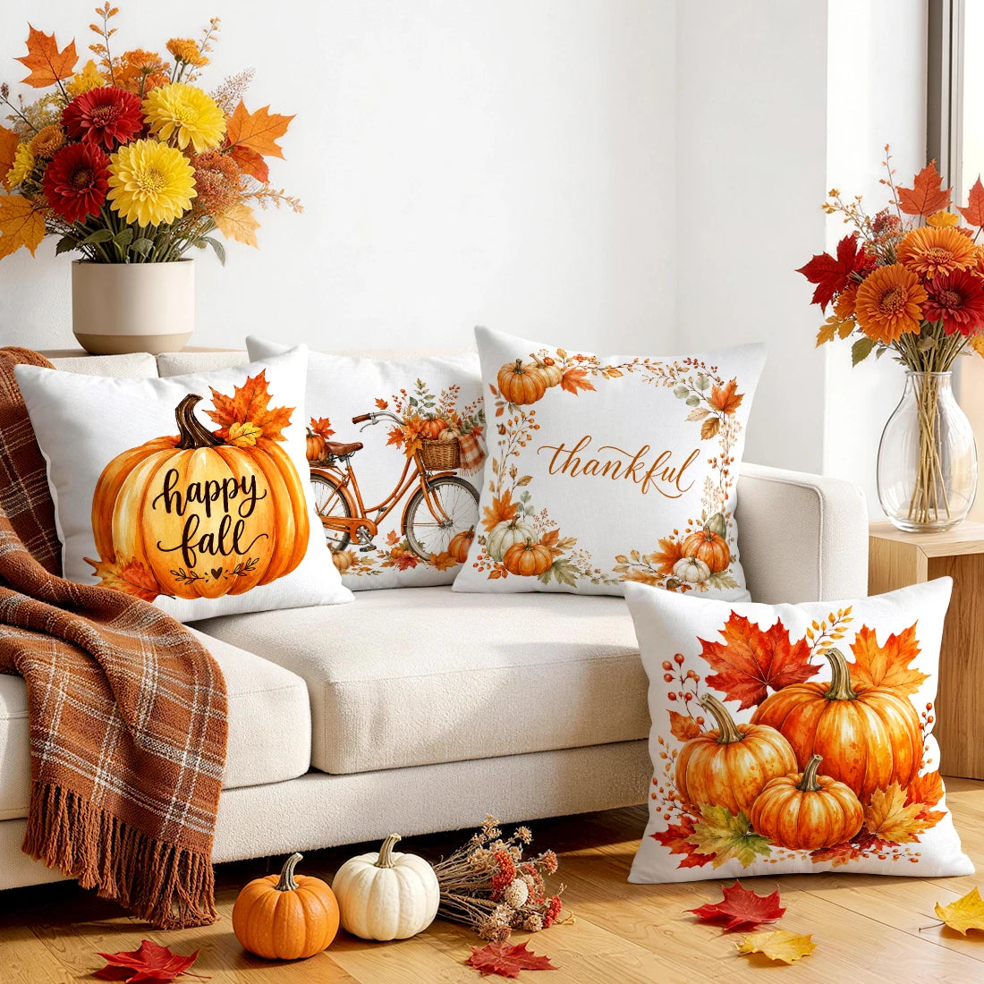 Funda de cojín de calabaza otoñal, poliéster estampado, 40/45/50 cm, cojín decorativo para sofá, funda de cojín, decoración del hogar