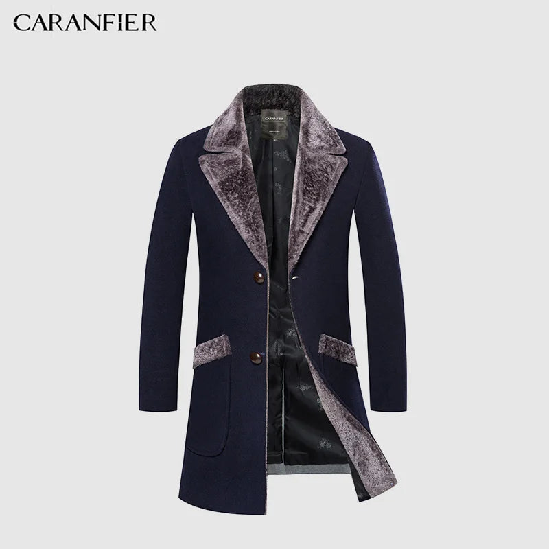 CARANFIER New Arrival Winter Men's Long Woolen Coat Fur Collar Warm Wool Coats Male Solid Color Slim Casual Windbreaker Jacket