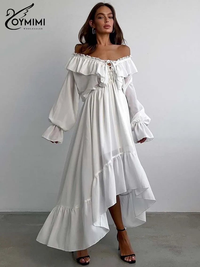 Abito bianco da donna con scollo a V e maniche lunghe
