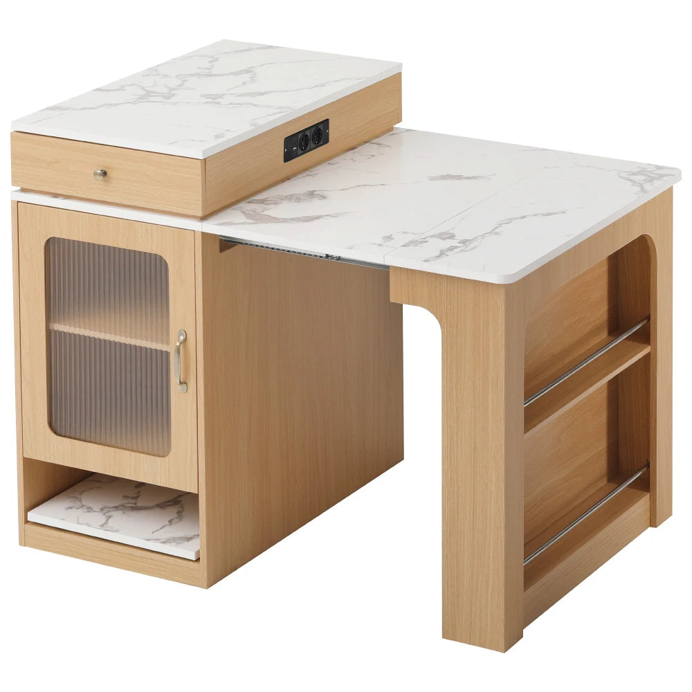 Rollbare Kücheninsel mit ausziehbarem Esstisch und abnehmbarer Tischplatte, Bartisch mit Steckdosenleisten, Mehrzweckmöbel als Kücheninsel, Buffet, Sideboard oder Bartisch für Küche und Esszimmer, Natur