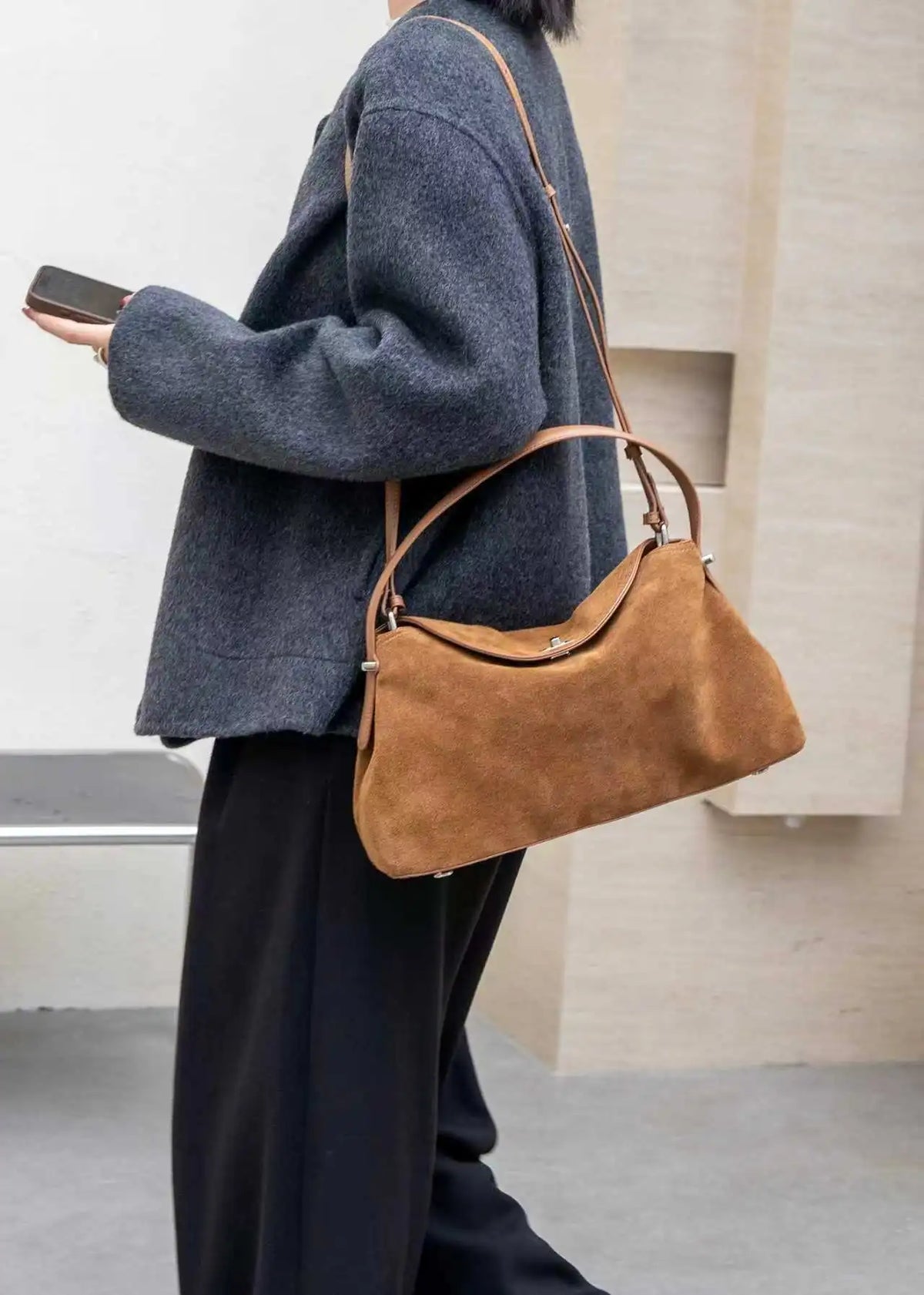 Women Genuine Suede Leather Hobo Bag Vintage Flap Underarm Shoulder Handbag Female Crossbody Large Capacity Commuter Purse Bags