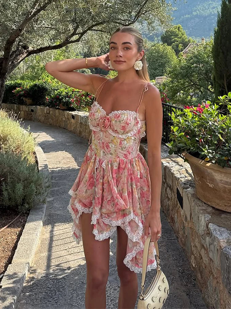 Sexy Print Pleated Short Party Dresses Women Sleeveless Sling Backless Flower Lace Holiday Dresses 2026 Spring Summer Robe