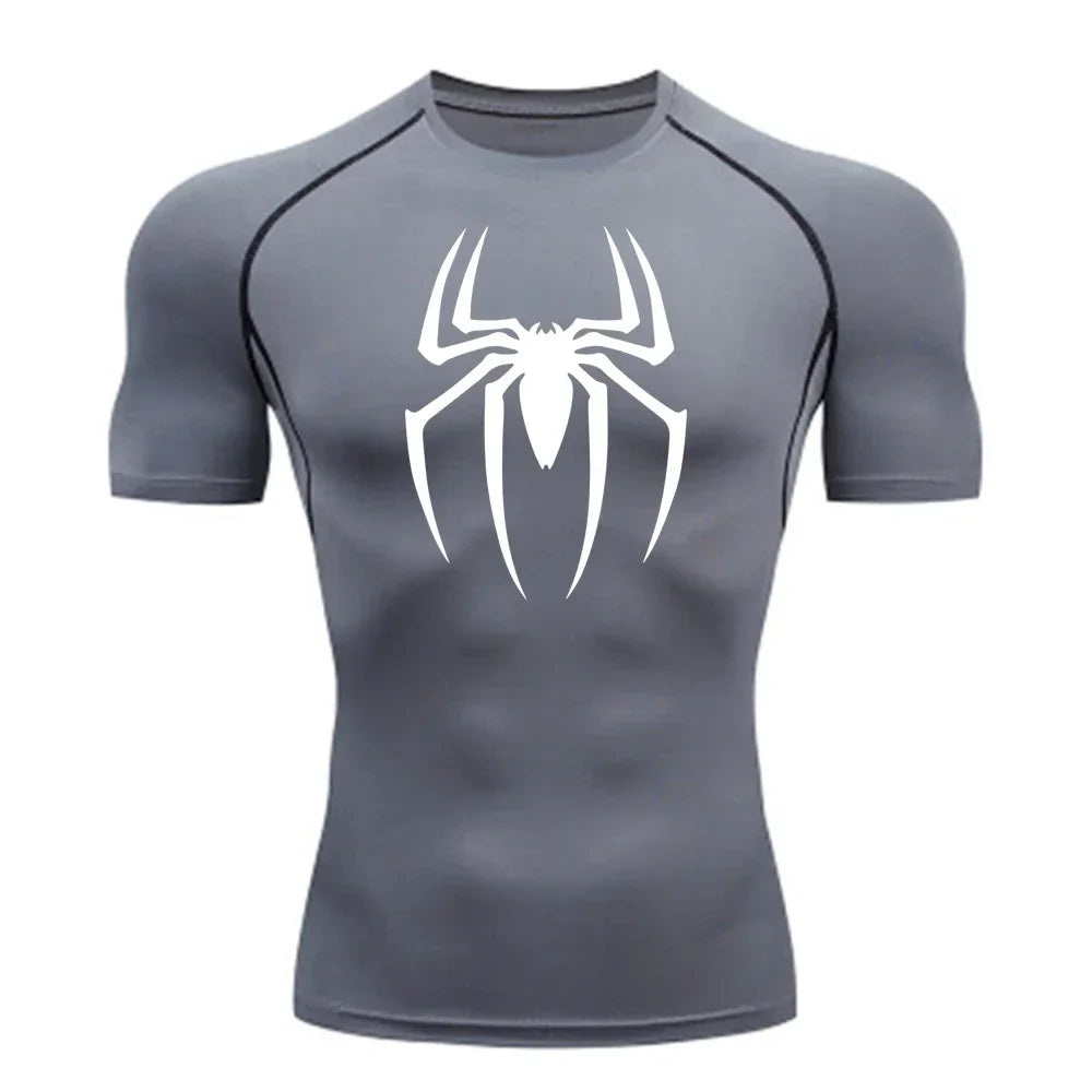 2023Men's Spider Print Compression Shirt, Quick Dry T-Shirt, Gym Running Jersey, Breathable Short Sleeve, Spring, Summer, S-3XL