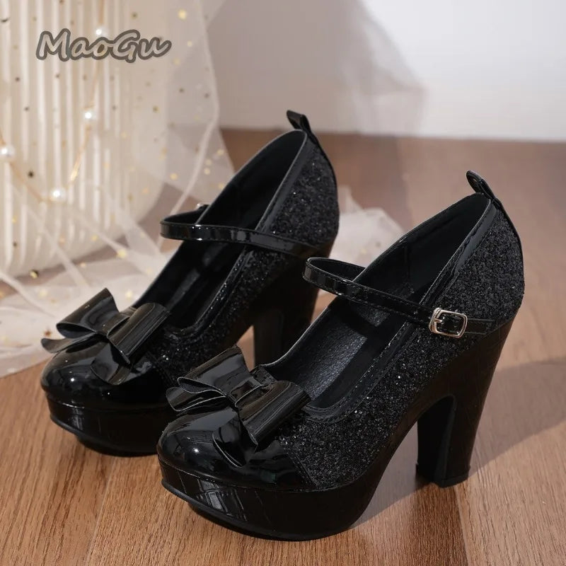 Black Glitter Mary Jane Platform Heels for Ladies Bow Chunky Heel Pumps Elegant Round Toe Ankle Strap Party Dress Shoes Size 43