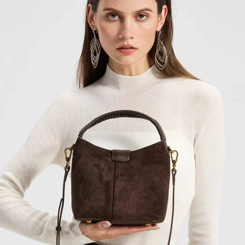 Luxury Designer Genuine Suede Cowhide Women Bucket Handbag Braided Woven Top Handle Real Leather Hobo Bag Ladies Shoulder Purse