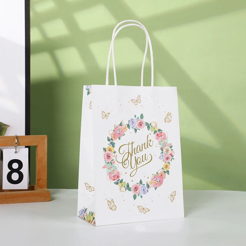 50 sacs cadeaux en papier « Merci » avec imprimé floral, anses en papier kraft, pour mariage, anniversaire, baby shower et emballage de cadeaux pour invités (lot de 50)