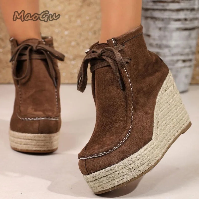 Women's Espadrille Wedge Ankle Boots, Suede Lace-Up High-Heeled Booties, Platform Sole Bohemian Short Boots, New for Fall 2026