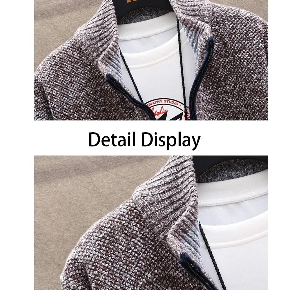 Men Solid Color Knitted Sweater Cardigan Autumn New Long-sleeved Zipper Jacket Warm Fleece Stand Collar Cardigans Basic Jacket