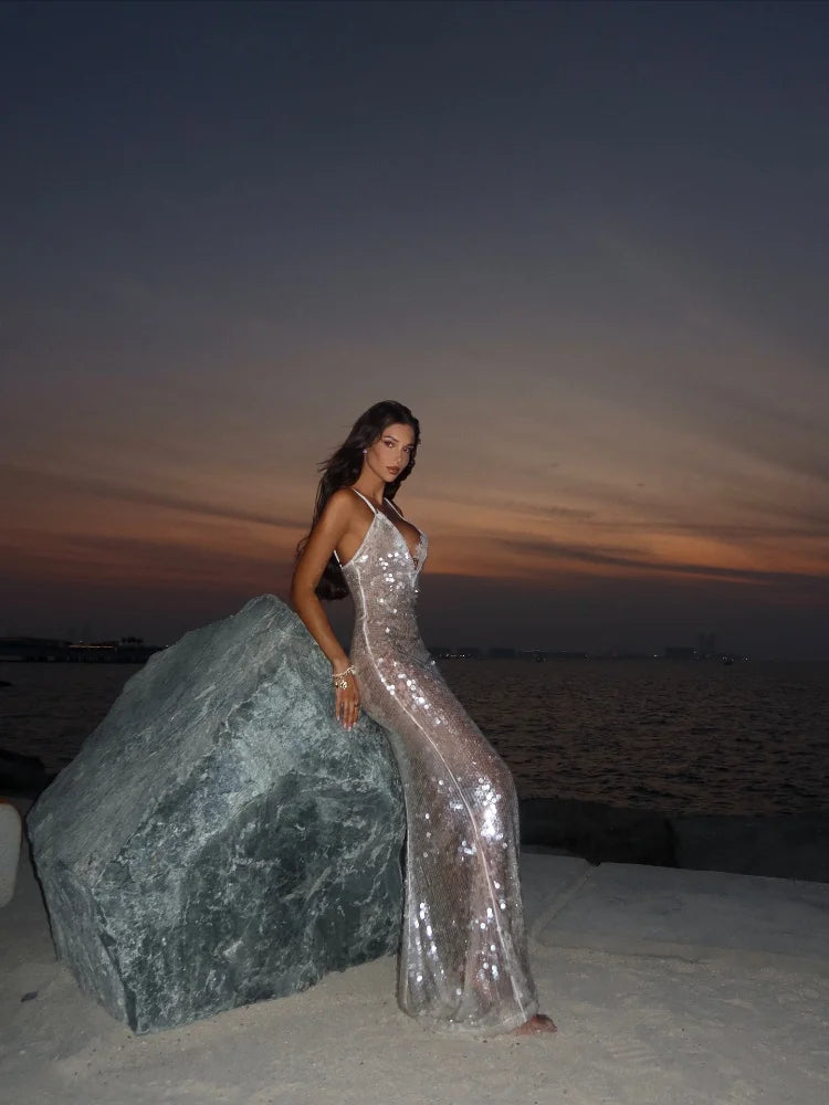 Sequin Spaghetti Strap Transparent Dress Women Sexy Deep Lace V-neck Bodycon Beach Party Dresses 2025 Chic Elegant Vacation Gown
