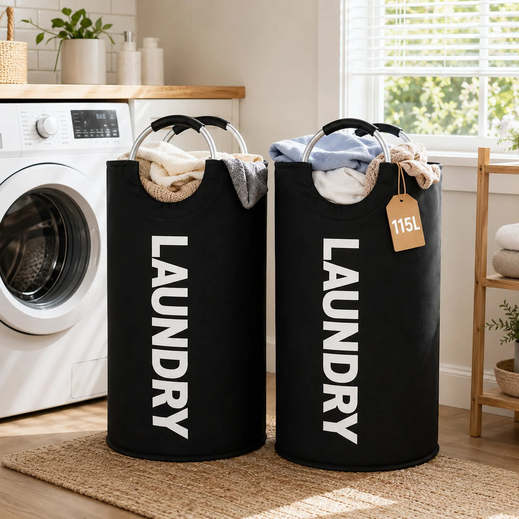 Lot de 2 paniers à linge extra larges de 115 L, paniers pliables avec poignées souples rembourrées, sacs à linge pliables autoportants pour le rangement des vêtements, chambre, salle de bain, dortoir et buanderie