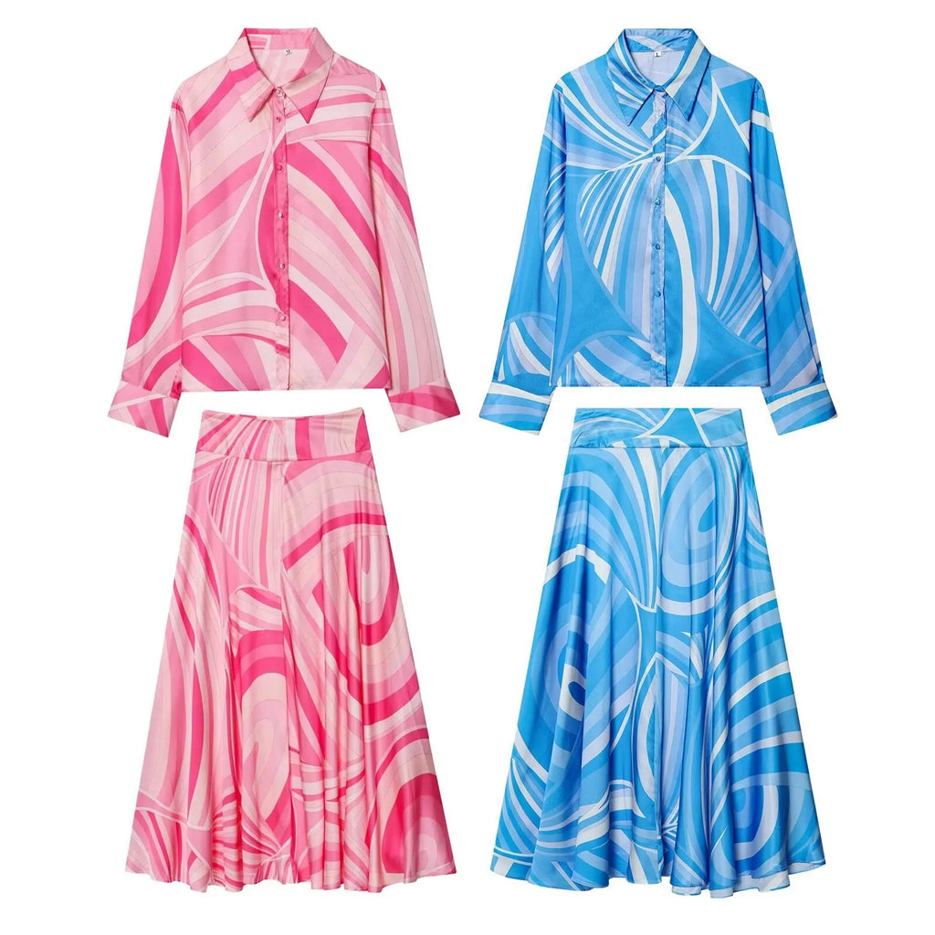 Completo da donna con camicia a fantasia e gonna lunga