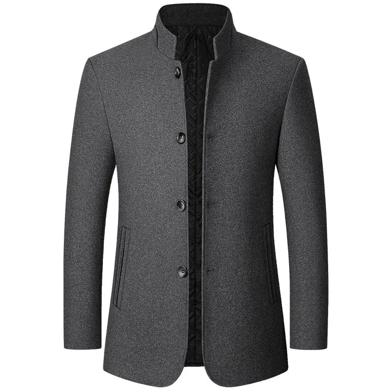 Men's Winter Wool Jacket, Single-breasted, Long-sleeved, Stand-up Collar, Business-casual Top. Gray, Black, Red Coat.