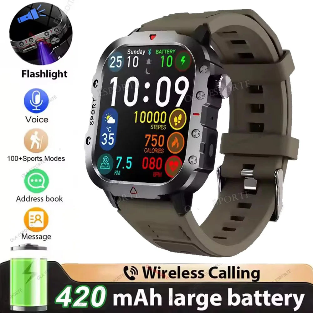 2026 New Military-grade Smart Watch Men GPS Flashlight 3ATM Waterproof Watch Bluetooth Call 100+Sport Outdoor Smartwatch Pk HT30