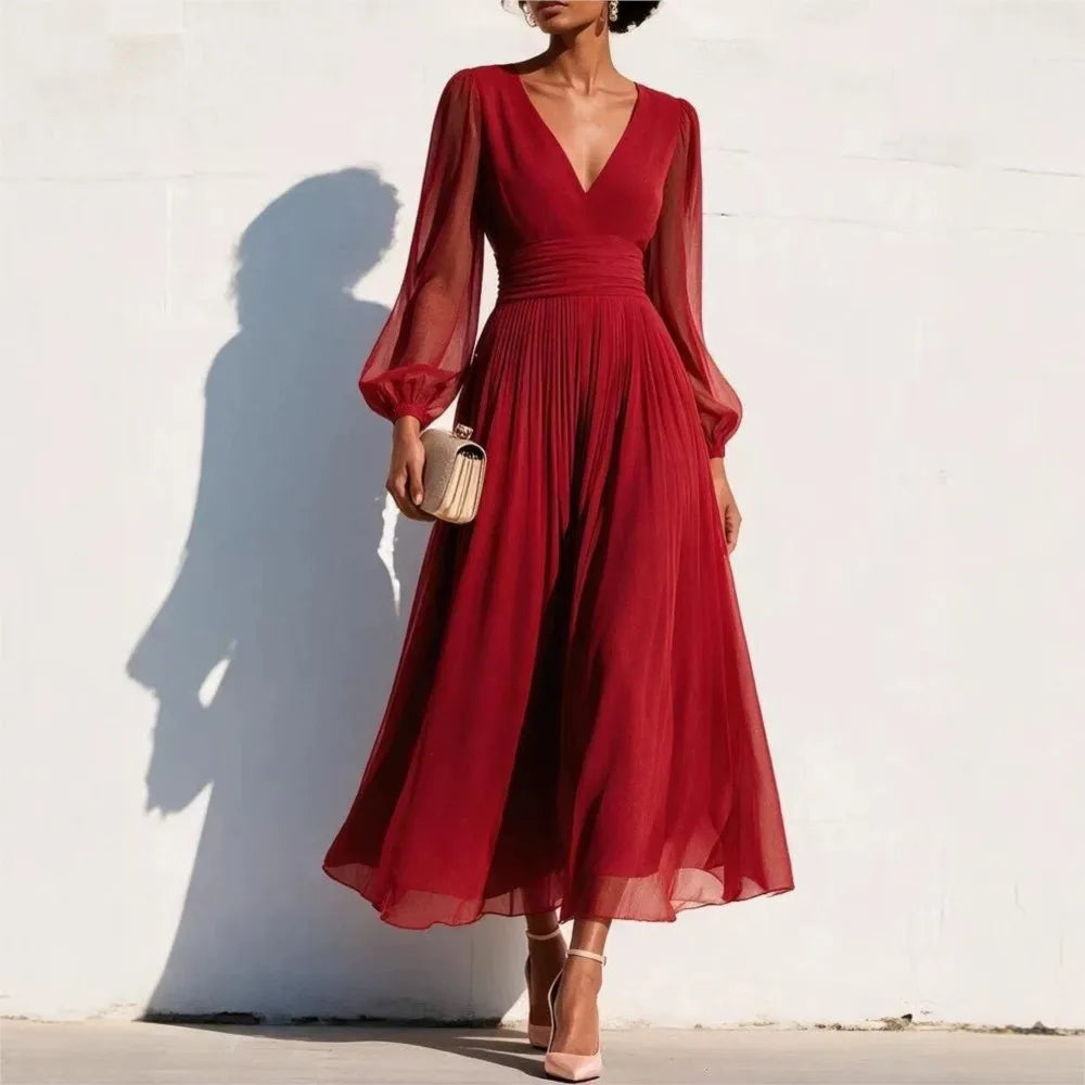 Damen-Midikleid mit langen Ärmeln und V-Ausschnitt