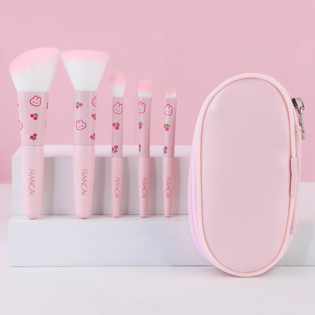 Ensemble de 5 pinceaux de maquillage compacts et mignons avec étui, pinceaux haut de gamme pour une application impeccable du fond de teint, du blush et du fard à paupières, accessoires de beauté