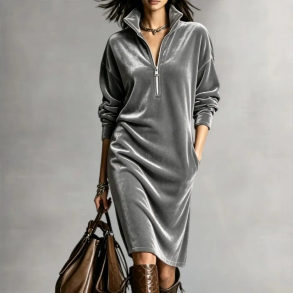 Women's polyester midi dress with lapel collar